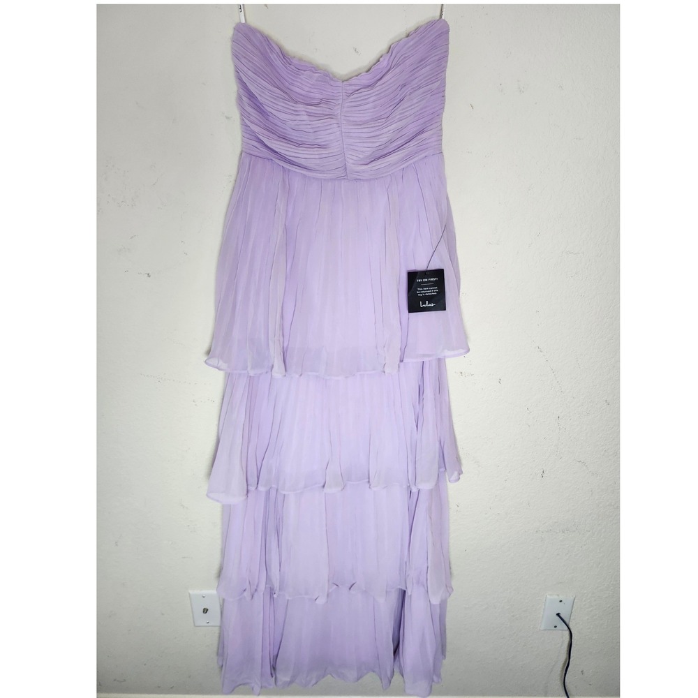 Lulus Tiered Maxi Dress Womens Size S Lavender Pleated Strapless Chiffon Gown